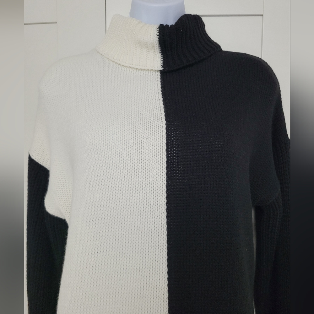 NWOT Split Monochrome Black & White Turtleneck Sweater Dress - Picture 8 of 12